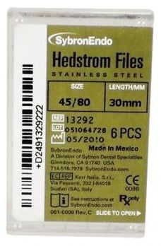 Kerr Hedstrom Endodontic Files, Stainless Steel, 30mm, Assorted #45-80, 6/Box, 13292