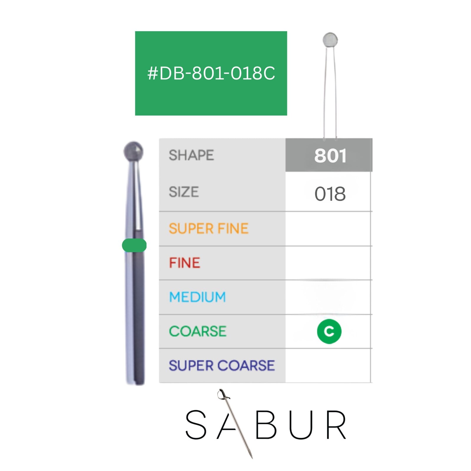 Sabur Round Diamond Bur 801-018C, 10/Pk