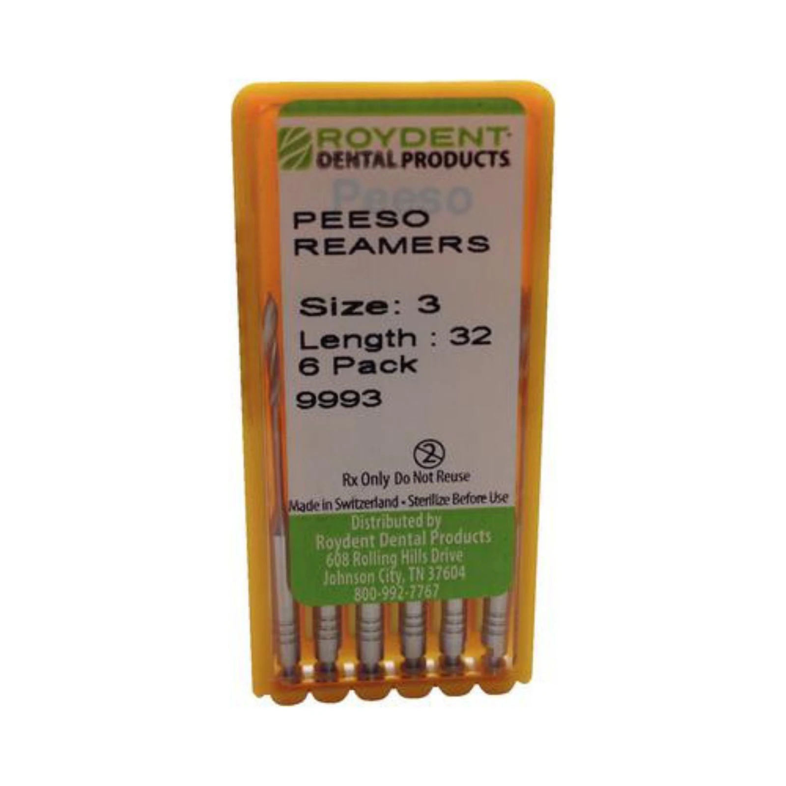 Roydent Dental Peeso Reamer, 32mm, Size #3, 6/Pack