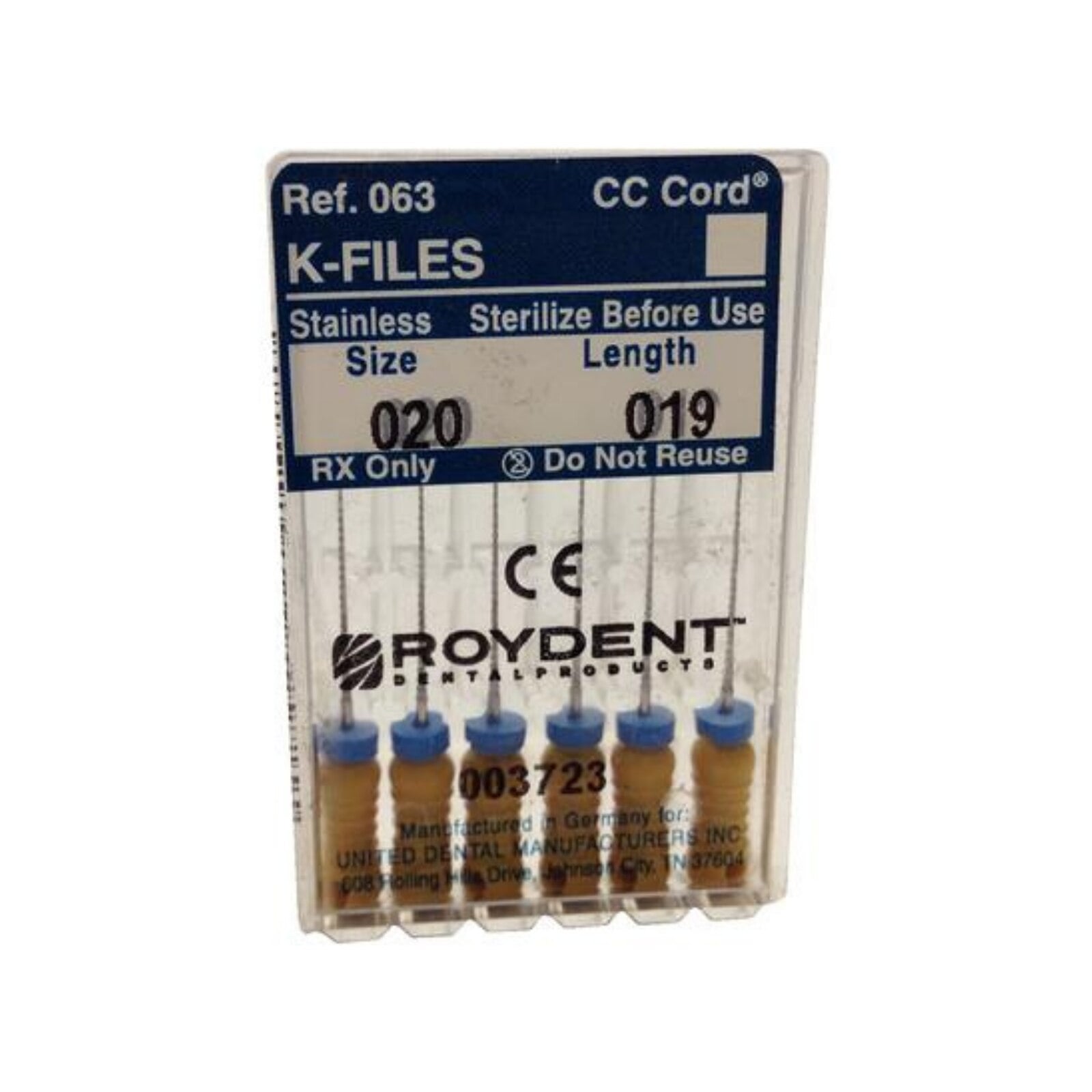 Roydent K-Type Files, Size #20, 19mm, Yellow, 6/Pack, 06319020R
