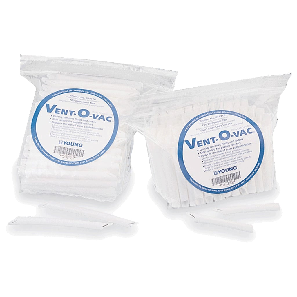 Young Dental Vent-O-Vac Disposable High Volume Evacuation Tips, Both Ends Vented, 5" Long, White, 100/Pk, 078110
