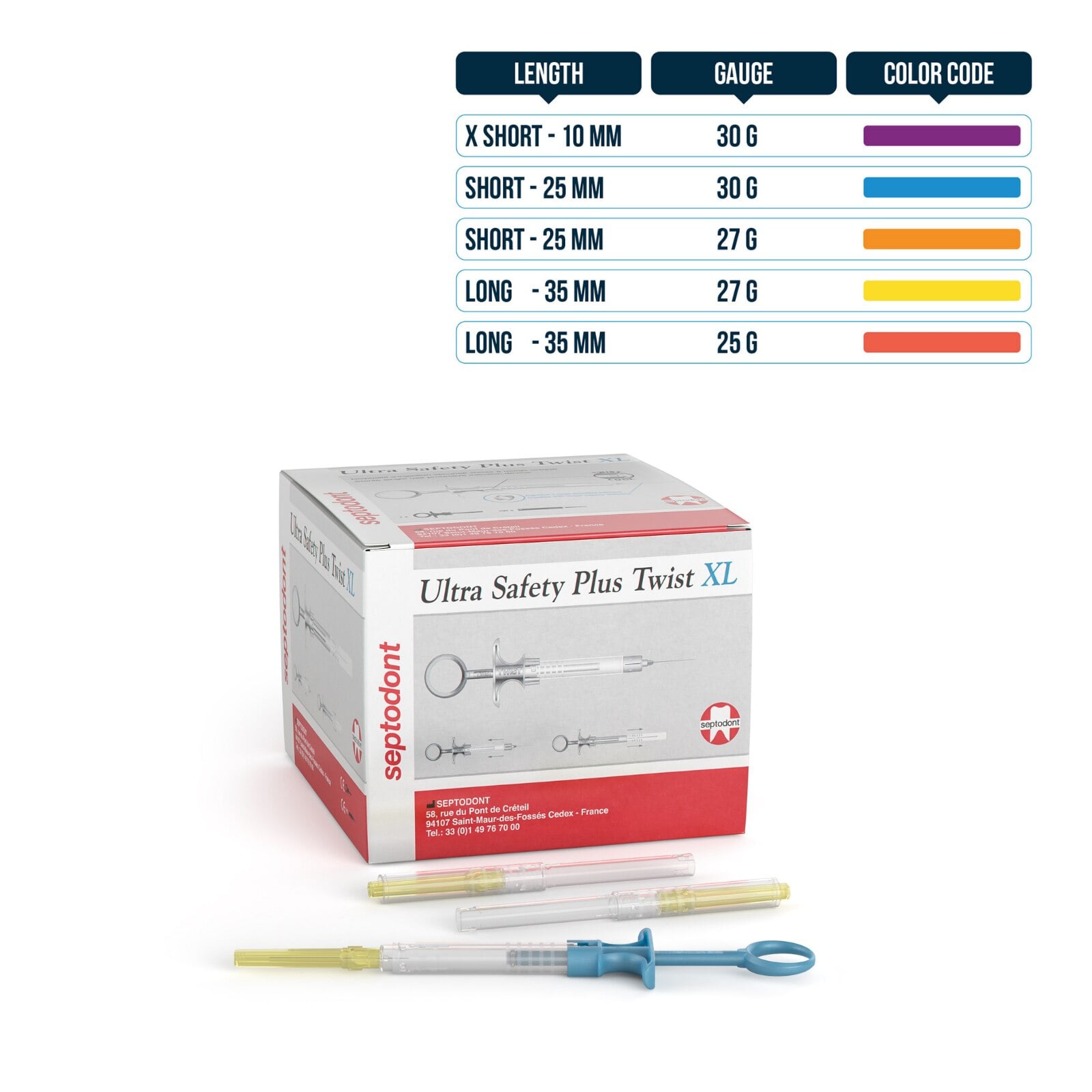 Septodont Ultra Safety Plus Twist XL 27G Long Dental Needles, Yellow, 100/Box