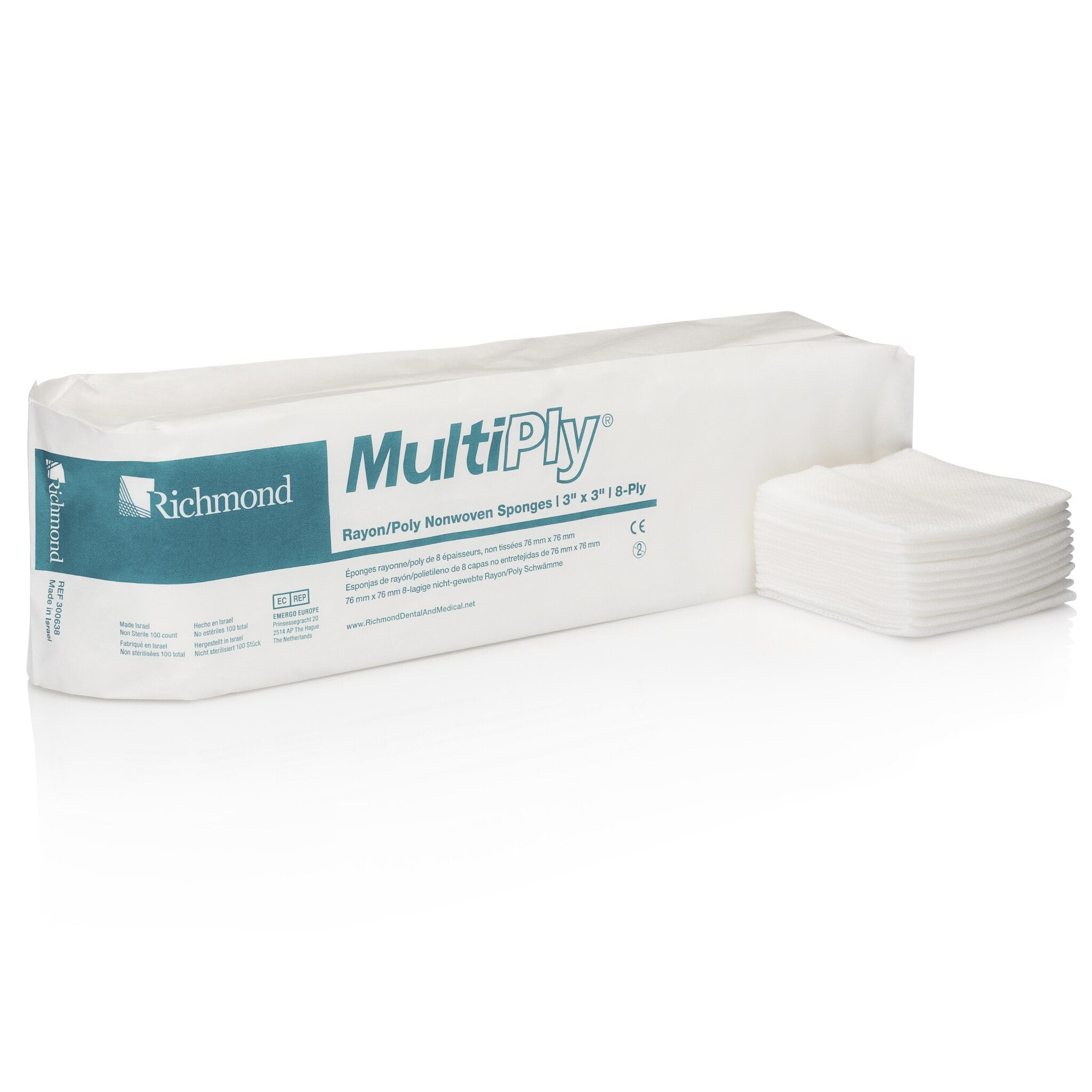 Richmond MultiPly Rayon/Poly Nonwoven Sponges, Non-Sterile, 3" x 3", 8-Ply, 2500/Case