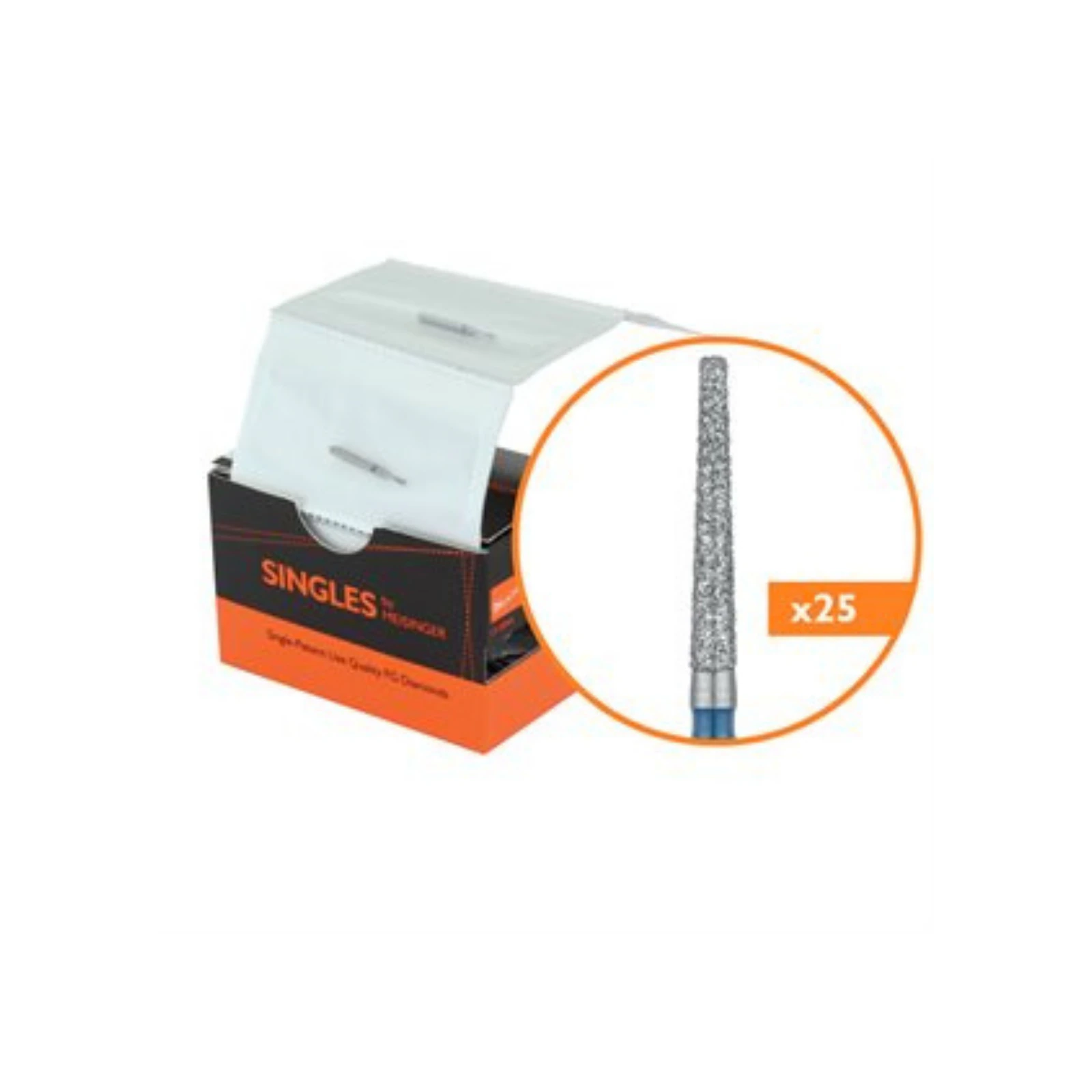 Meisinger Singles Disposable Diamond Bur, FG, Flat-End Tapered, Medium Grit, #0916.10M, 1.6mm Diameter, 10mm Length, 25/Pack