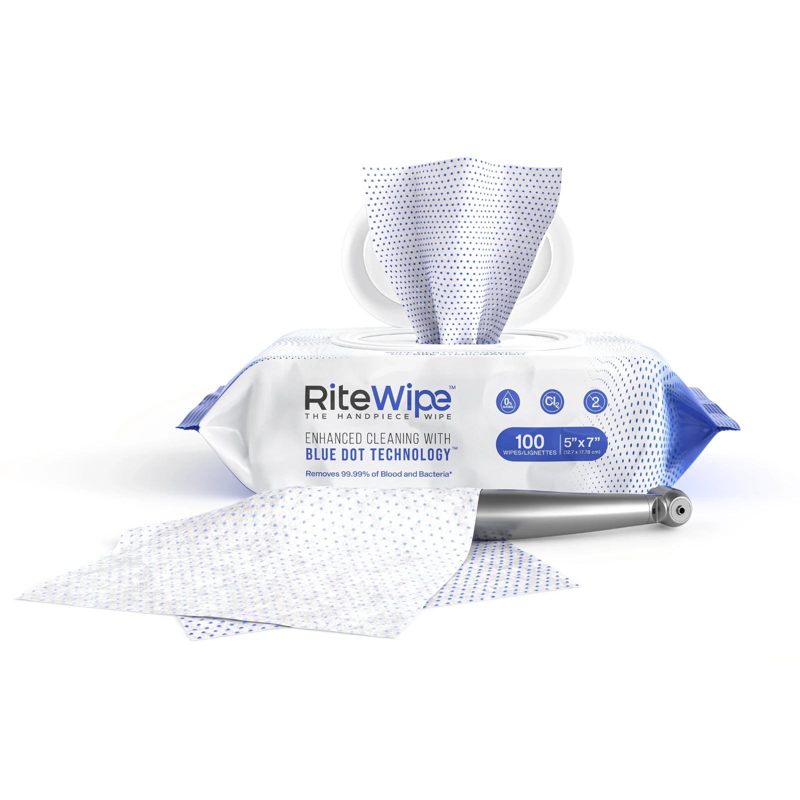 RiteWipe Handpiece Cleaning Wipes, 5" x 7", 100 Wipes per Pouch, 12 Pouches per Case (1200 Wipes/Case)