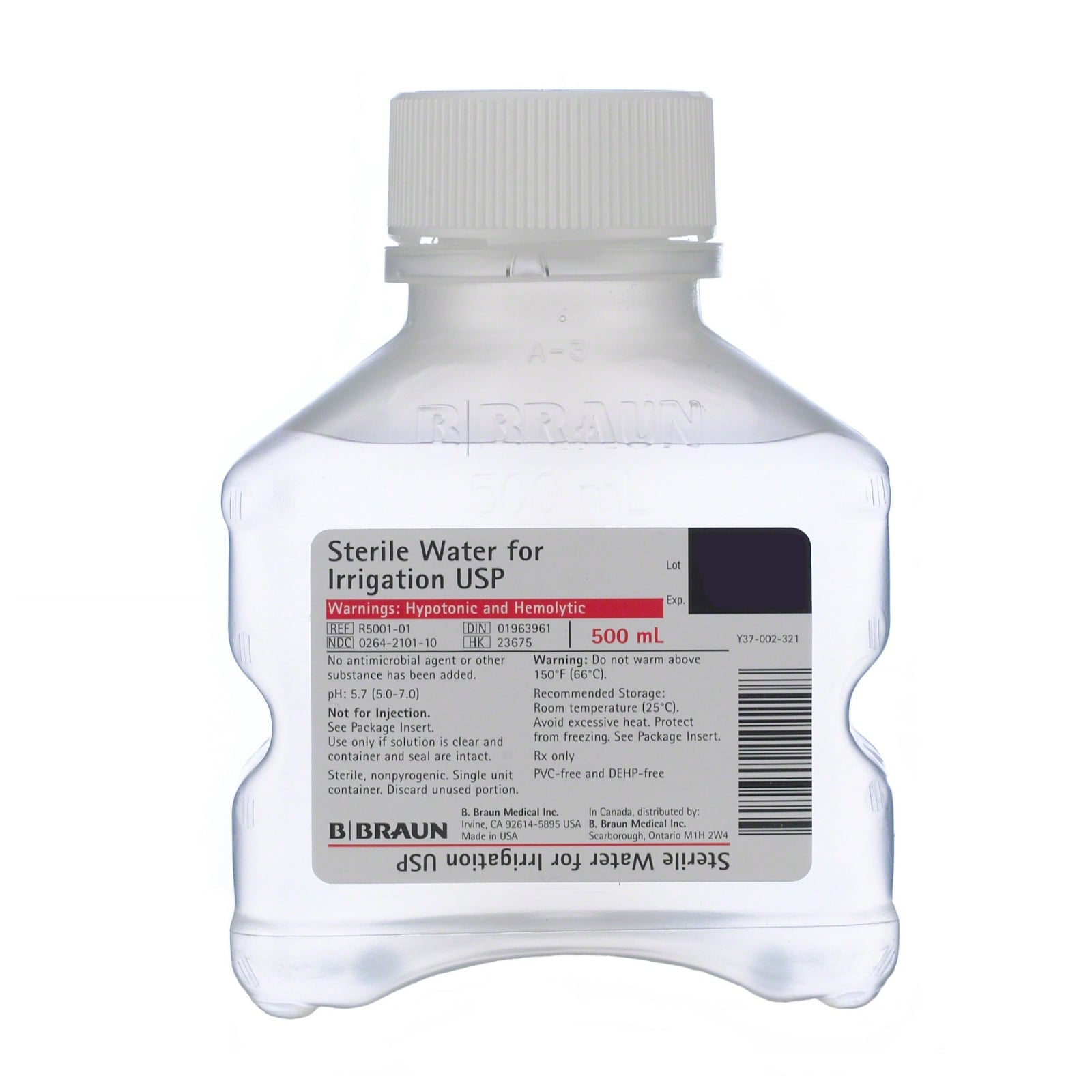 B. Braun Sterile Water for Irrigation, USP, 500 mL Plastic Irrigation Container, 1/Pk, R5001-01