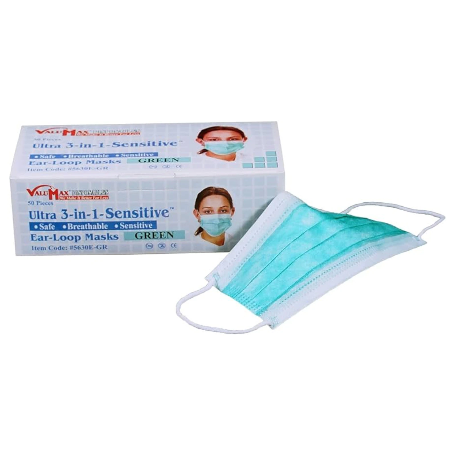 Valumax Ultra 3-in-1 Sensitive Earloop Face Mask, Green, ASTM Level 3, Fluid Resistant, 50/Box, 5630E-GR