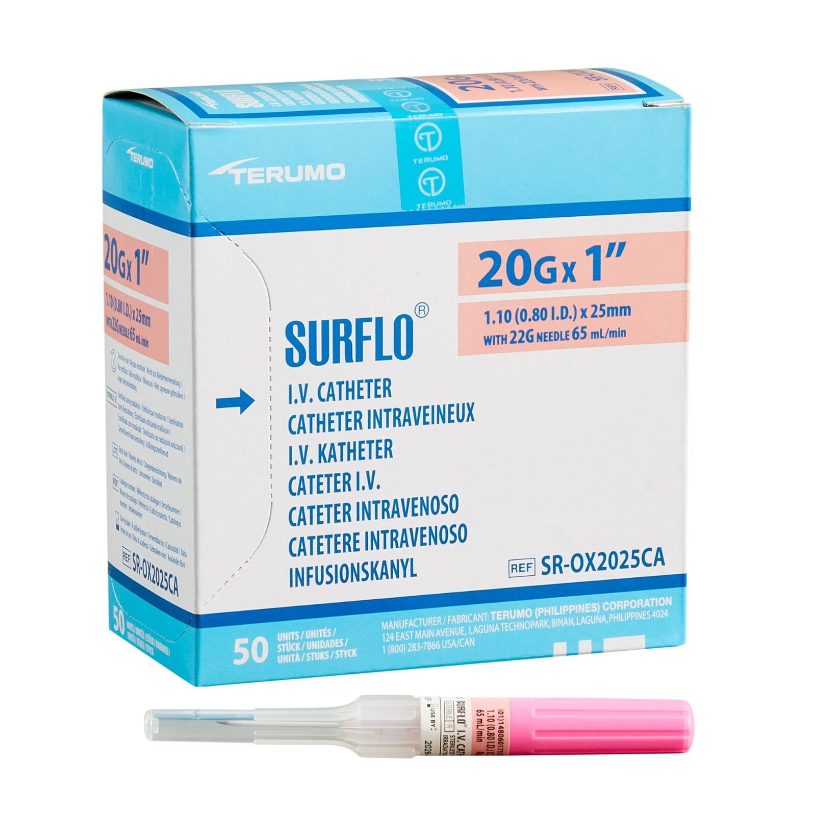 Terumo Surflo ETFE IV Catheter, 20G x 1", Pink, 50/Box, SR-OX2025CA
