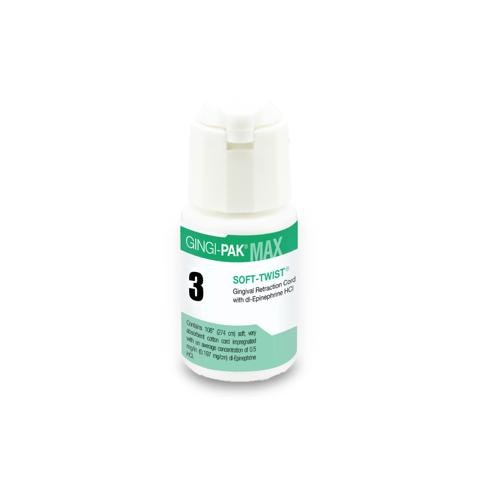 Gingi-Pak MAX Soft-Twist Retraction Cord with Epinephrine, Size #3 (Thick), 108" per Bottle, 10115M