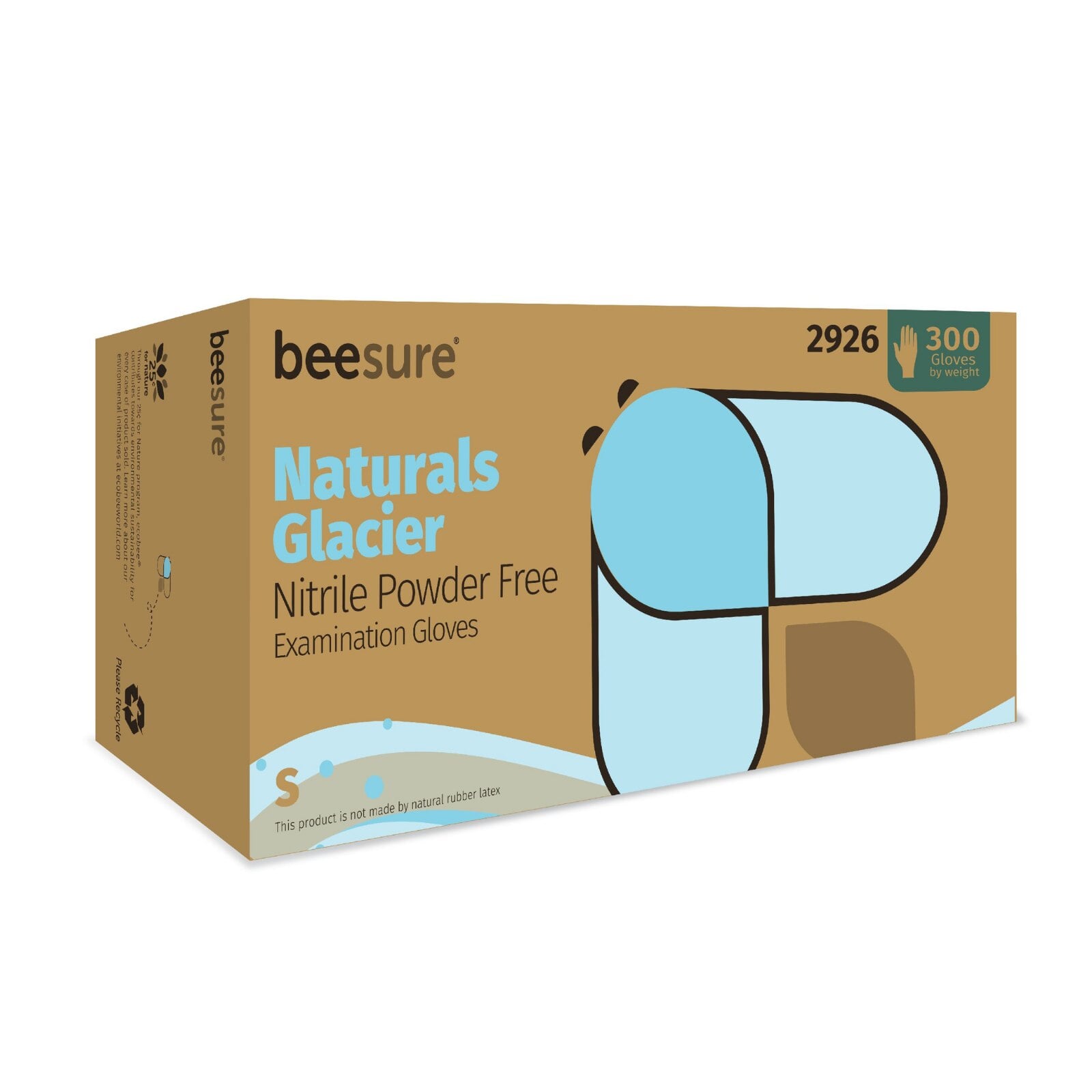 BeeSure Naturals Glacier Powder-Free Nitrile Exam Gloves, Small, Ice Blue, 300/Box