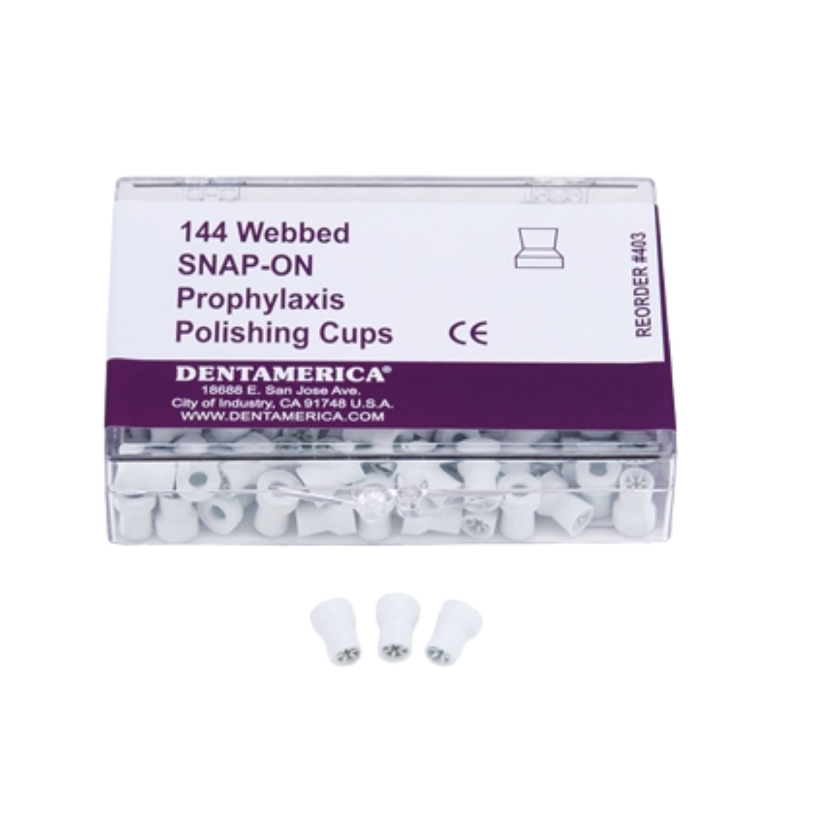 Dentamerica Disposable Prophy Cups, Snap-On, 6-Webbed, Medium-Soft, White, 144/Pk, #403