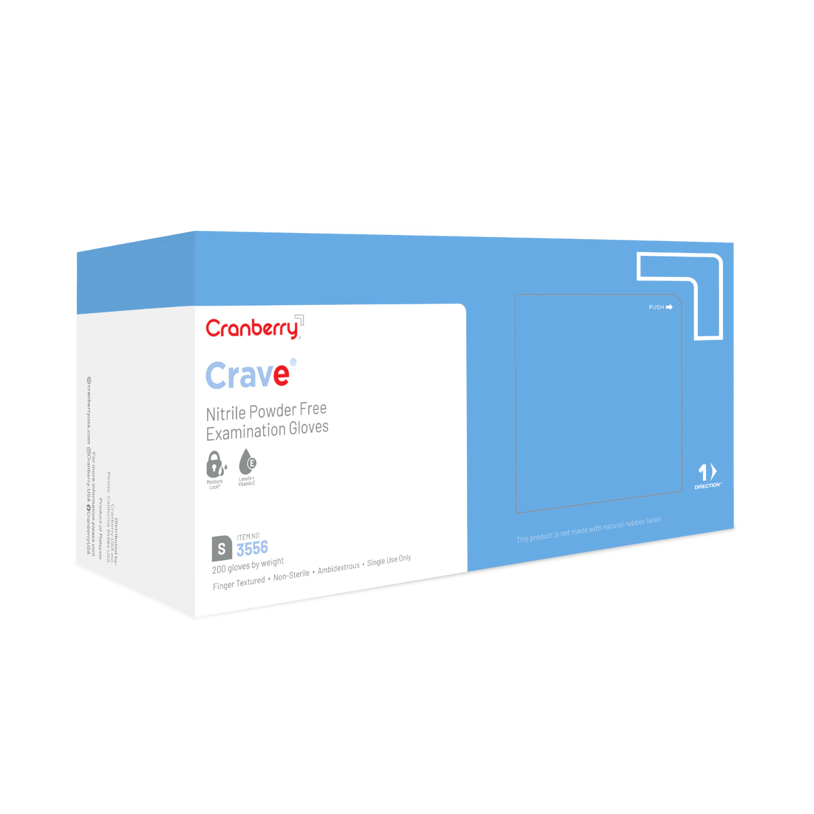 Crave PF Nitrile Exam Gloves, Small, Powder-Free, Finger Textured, Vitamin E & Lanolin, Blue, Non-Sterile, 200/Box