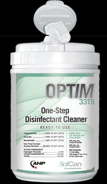 Optim 33 TB Disinfectant Wipes, 6" x 7", 160 Wipes per Canister, 12 Canisters per Case