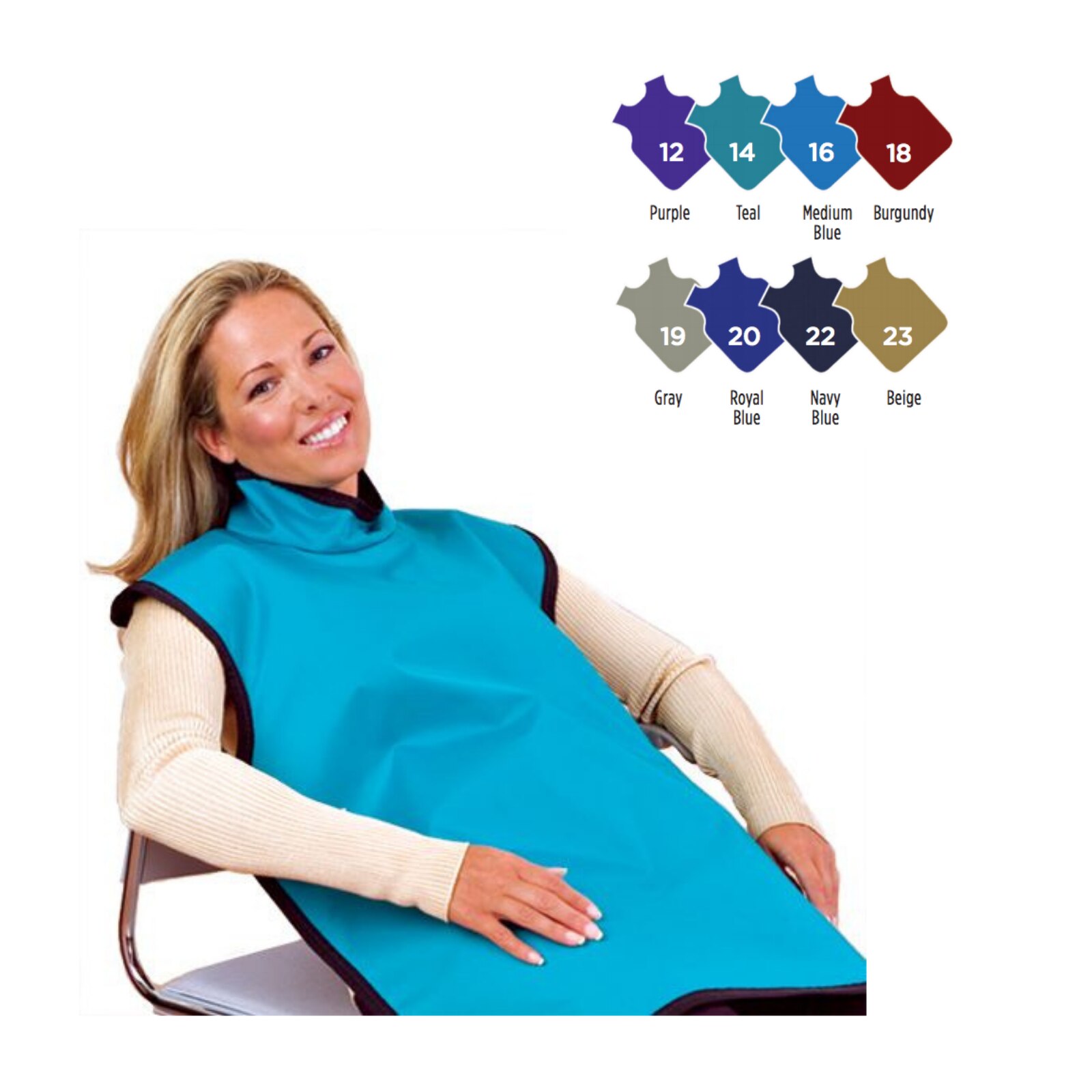 Flow X-Ray Adult Lead Bib Apron with Attached Collar, 0.3mm Lead Equivalency, Medium Blue, 24" x 26", 75051-16