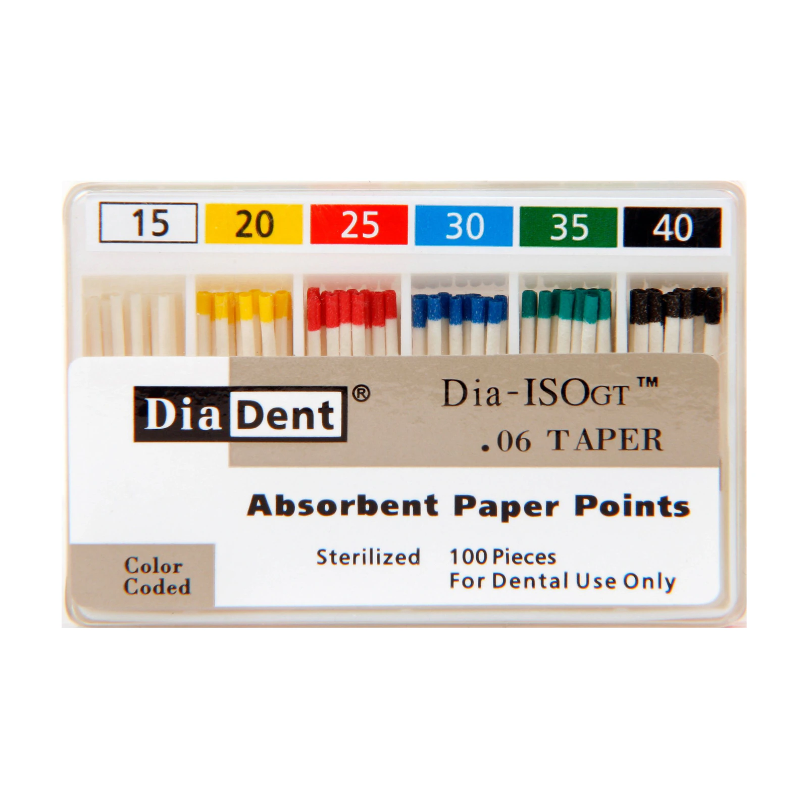 DiaDent Dia-ProISO GT Absorbent Paper Points, .06 Taper, #15-#40 Assorted, mm-Marked, Spill-Proof, 100/Bx
