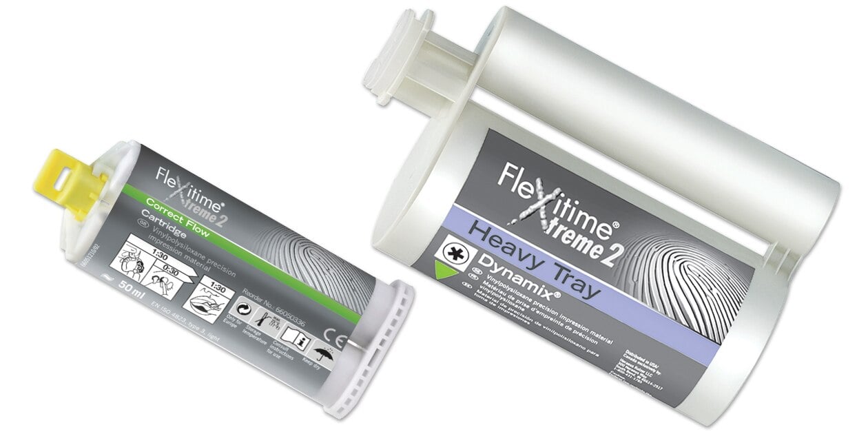 Flexitime Xtreme 2 Trial Kit, VPS Impression Material, 4 x 50 mL Cartridges (2 Heavy Tray, 2 Correct Flow), 18 Mix Tips, Adhesive, 66044893