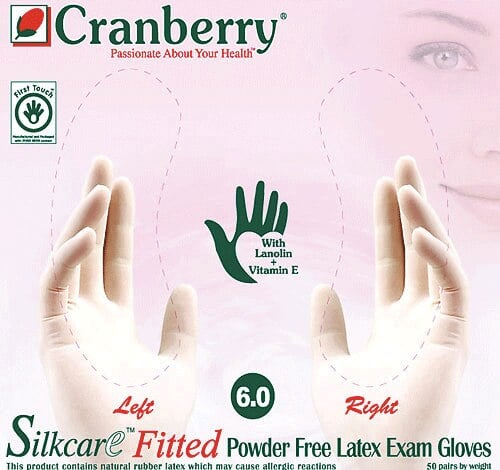 Cranberry Silkcare PF Latex Examination Gloves, Powder Free, Fitted, Size 6.5, 100/Box