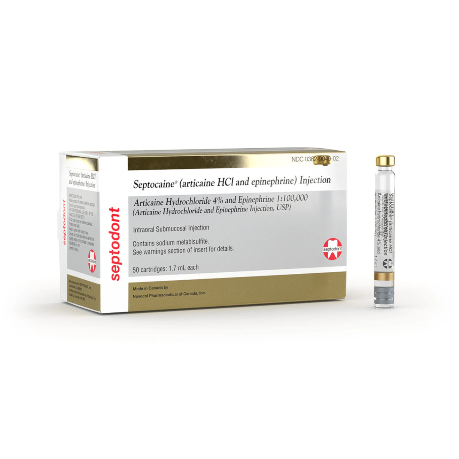 Septocaine (Articaine HCl 4%) with Epinephrine 1:100,000, 1.7 mL Dental Anesthetic Cartridges, 50/Box