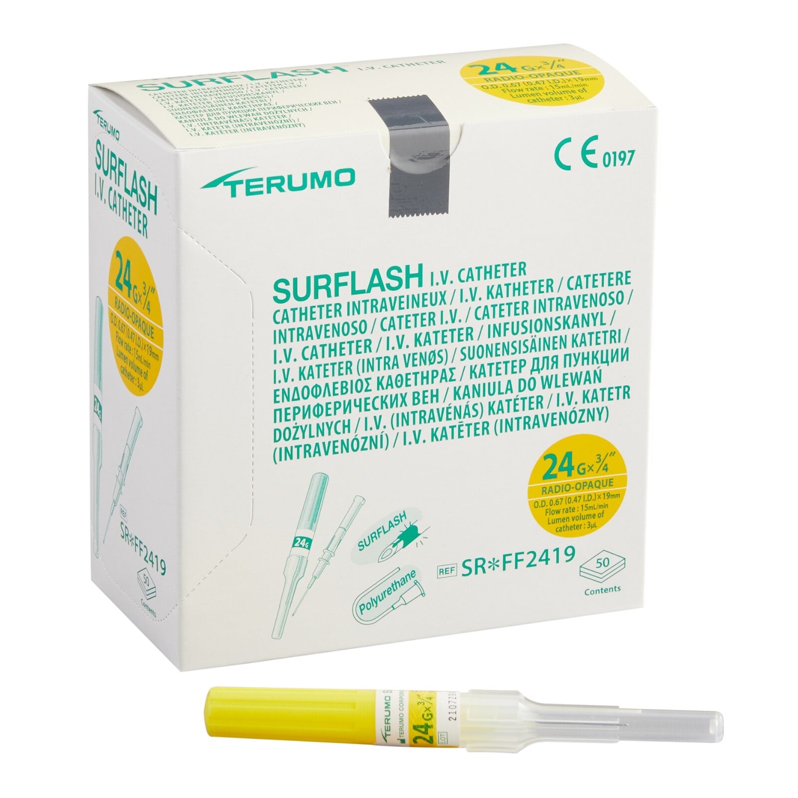 Terumo SurFlash Polyurethane IV Catheter, 24G x 3/4", Yellow, 50/Box, 1SR*FF2419