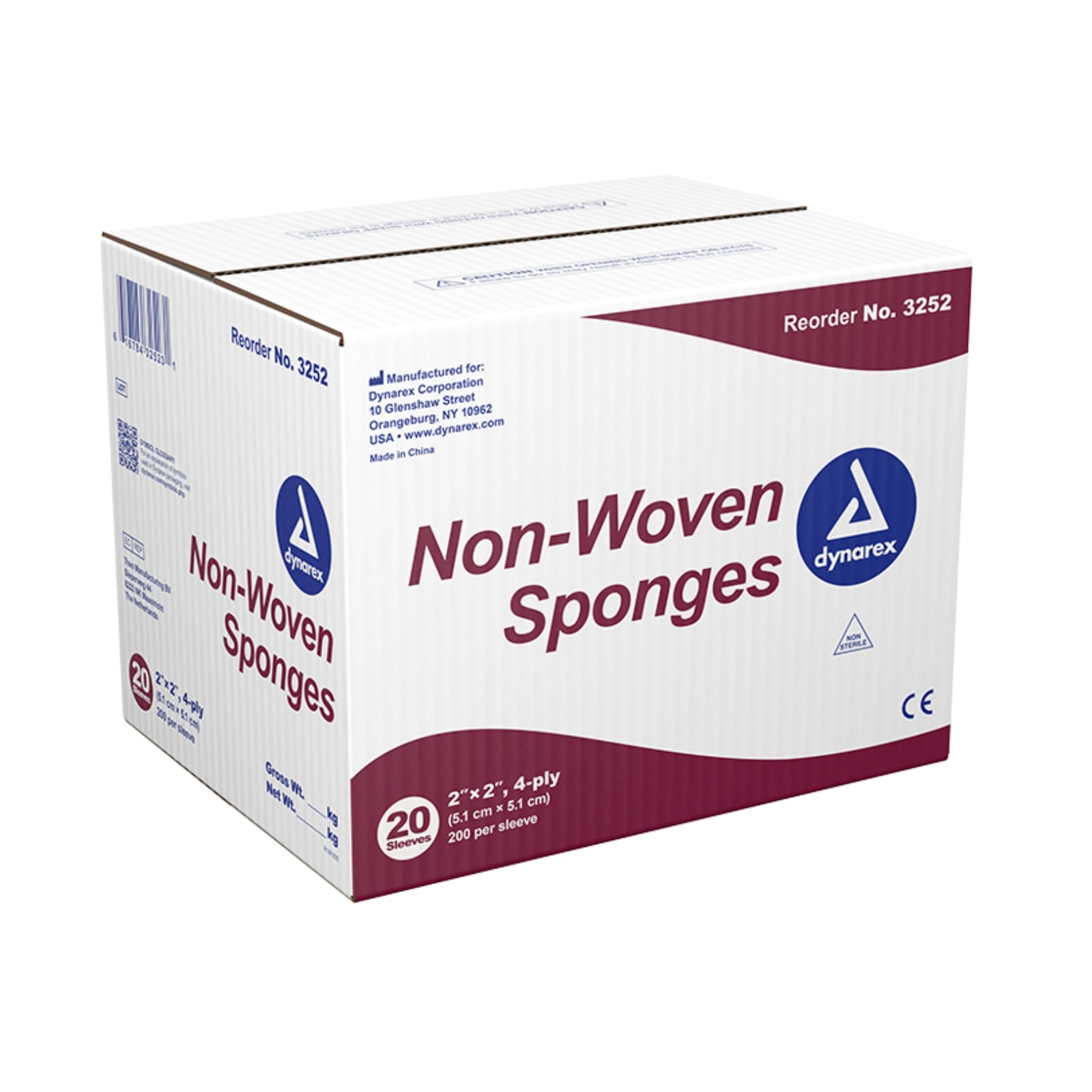 Dynarex Non-Woven Sponges, 2" x 2", 4-Ply, Non-Sterile, 4000/Case, #3252