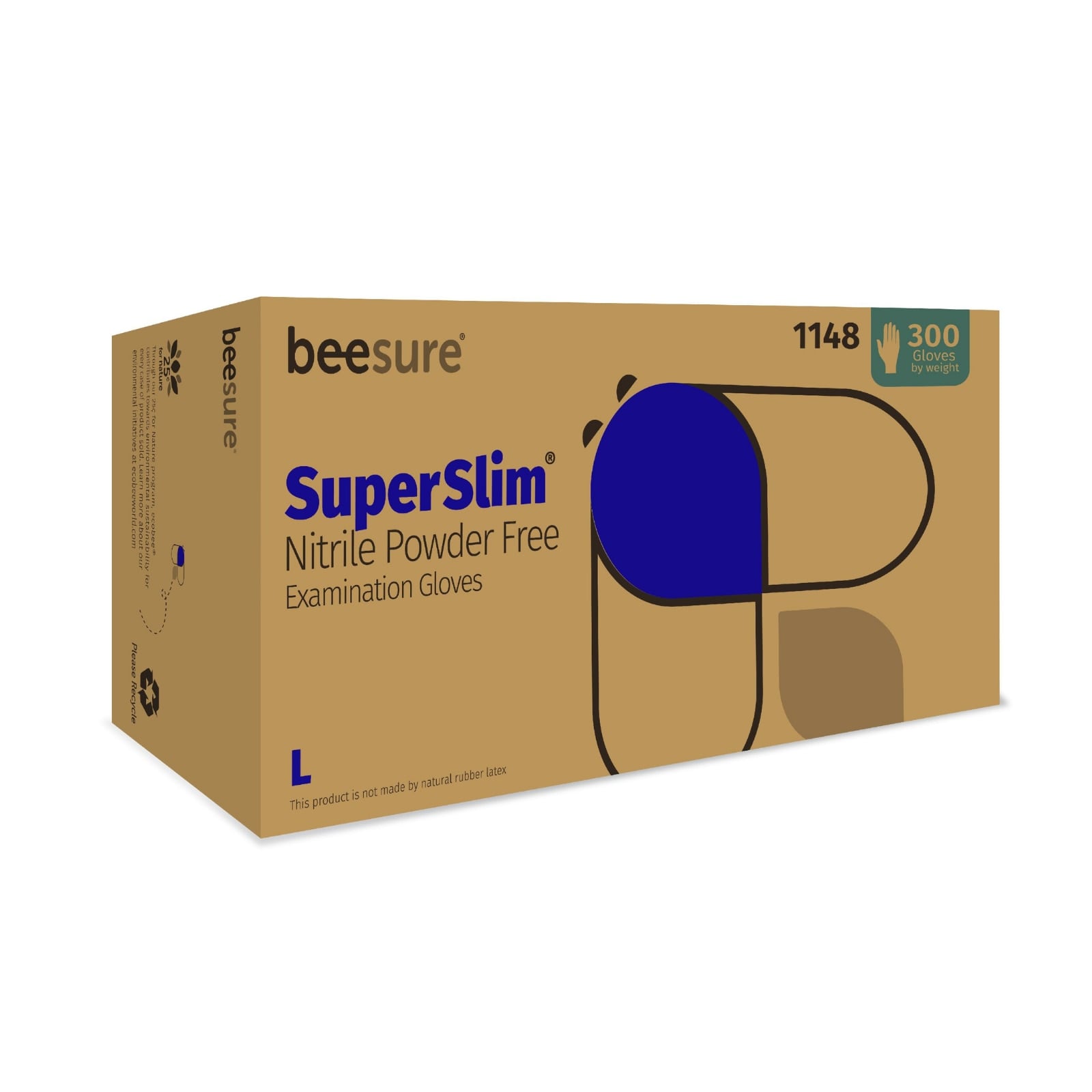 BeeSure Nitrile SuperSlim Exam Gloves, Powder-Free, Non-Sterile, Large, 300/Box