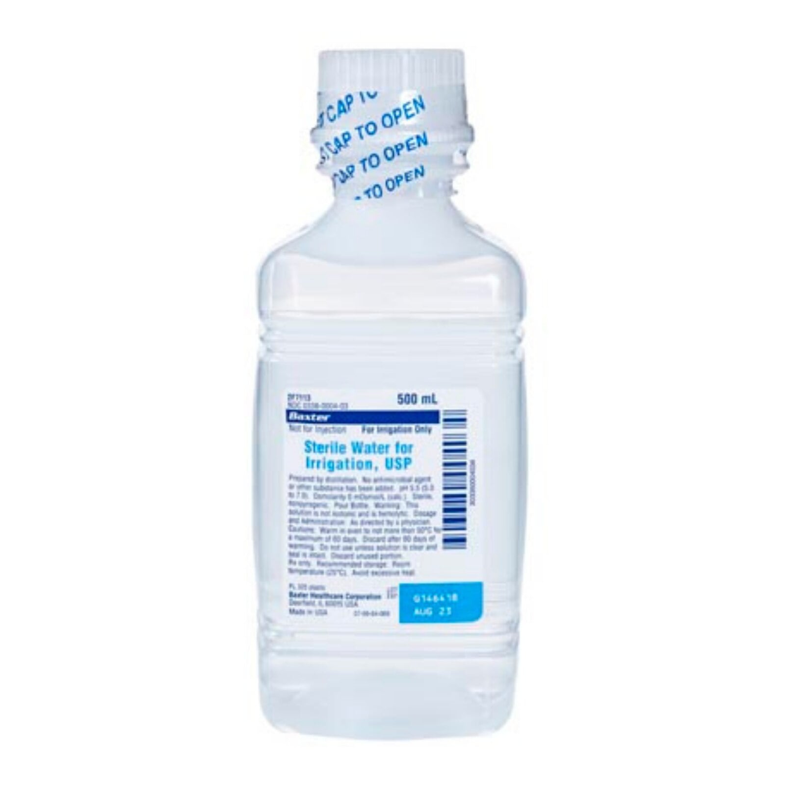 Baxter Sterile Water for Irrigation, USP, 500 mL Plastic Pour Bottle, 18/Case