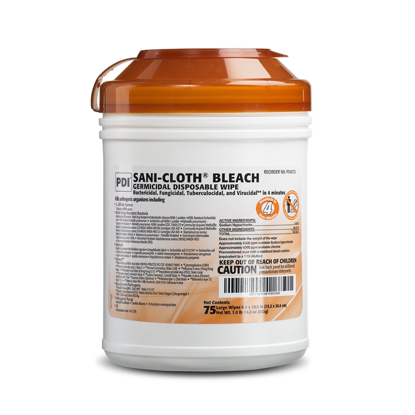 Sani-Cloth Bleach Germicidal Wipes, 6" x 10.5", 75 Wipes/Can, 12 Cans/Case (900 Wipes Total)