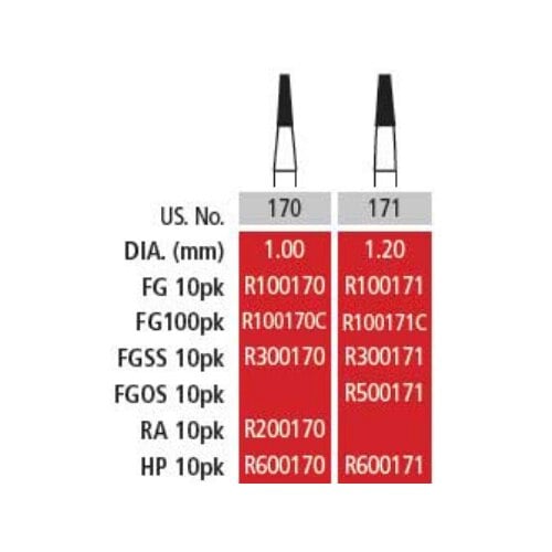 Alpen Carbide Bur FG #170 Tapered Fissure, Friction Grip, 1.0 mm Diameter, 100/Pk