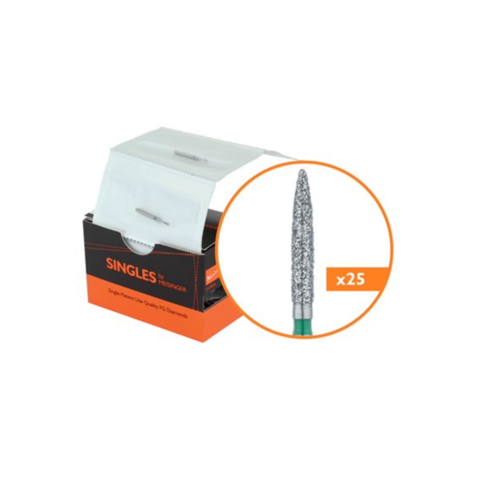 Meisinger Singles Disposable Diamond Bur, FG, Flame, Coarse, Green, 1.8mm Diameter, 10mm Length, #1518.9C, 25/Pk