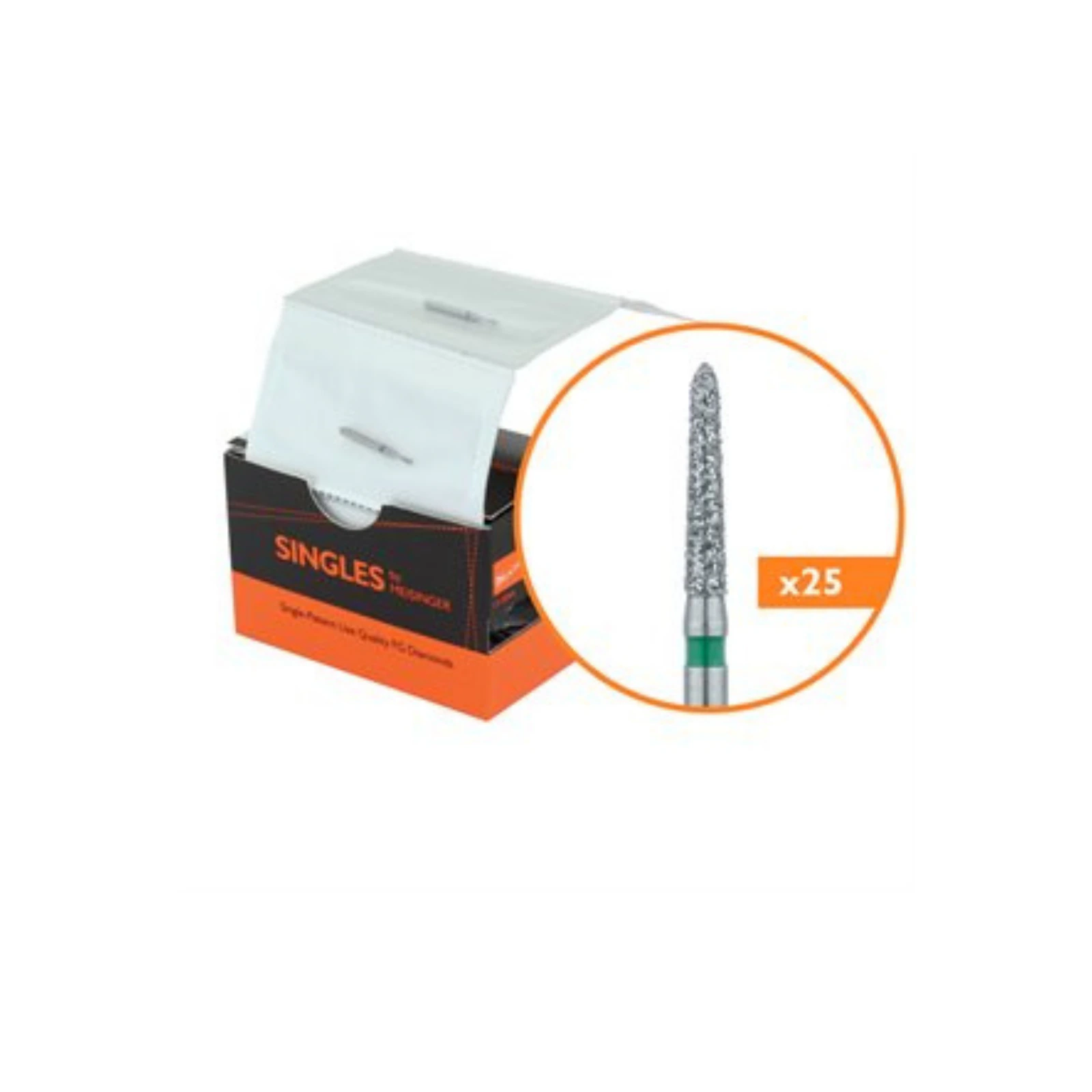 Meisinger Singles Disposable Diamond Bur FG, Coarse, Pointed Taper, 1.6mm Diameter, 8.0mm Length, #1716.8C, 25/Pk