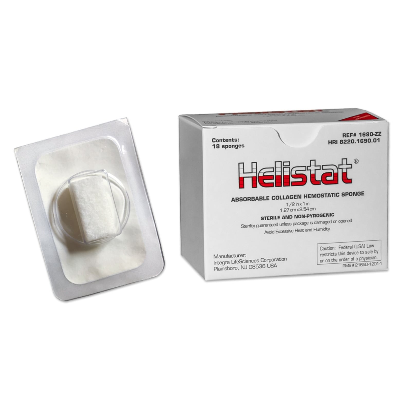 Helistat Absorbable Collagen Hemostatic Sponge, 1/2" x 1", Sterile, 18/Box, 1690ZZ