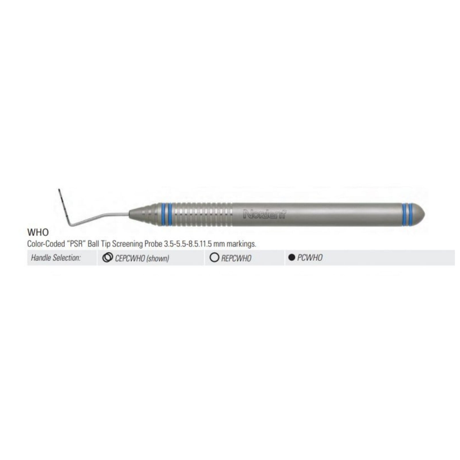 Nordent Color Coded Probes - Single-Ended - WHO Ball Tip PSR (3.5-5.5-8.5-11.5 mm) - DuraLite ColorRings