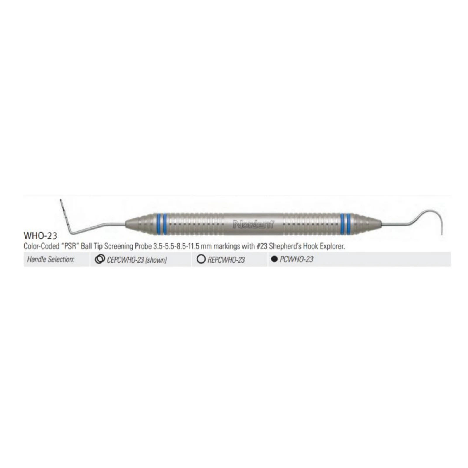 Nordent Expro #23/WHO Double-End Explorer/Probe, DuraLite ColorRings, Color-Coded PSR Ball Tip (3.5-5.5-8.5-11.5 mm)