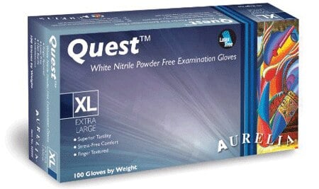 Aurelia Quest Nitrile Exam Gloves, Powder-Free, Textured Fingertips, Non-Sterile, White, X-Small, 100/Box