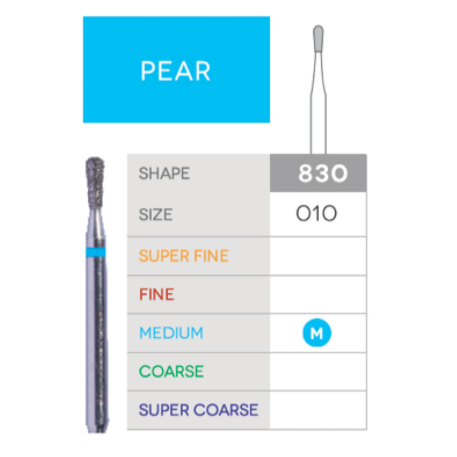 Sabur Pear Diamond Bur 830-010M, Multi-Use, 10/Pk