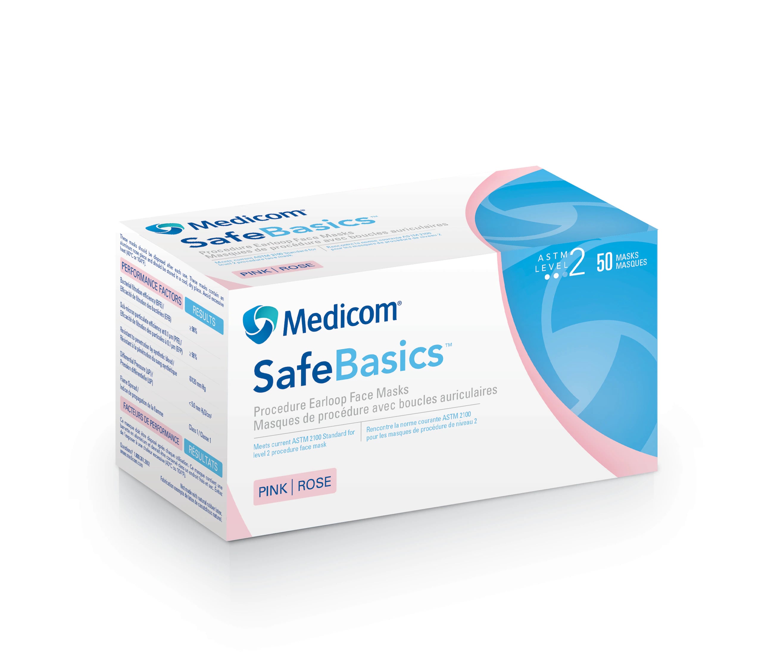 Medicom SafeBasics Procedure Earloop Face Mask, Level 2, Pink, 50/Box