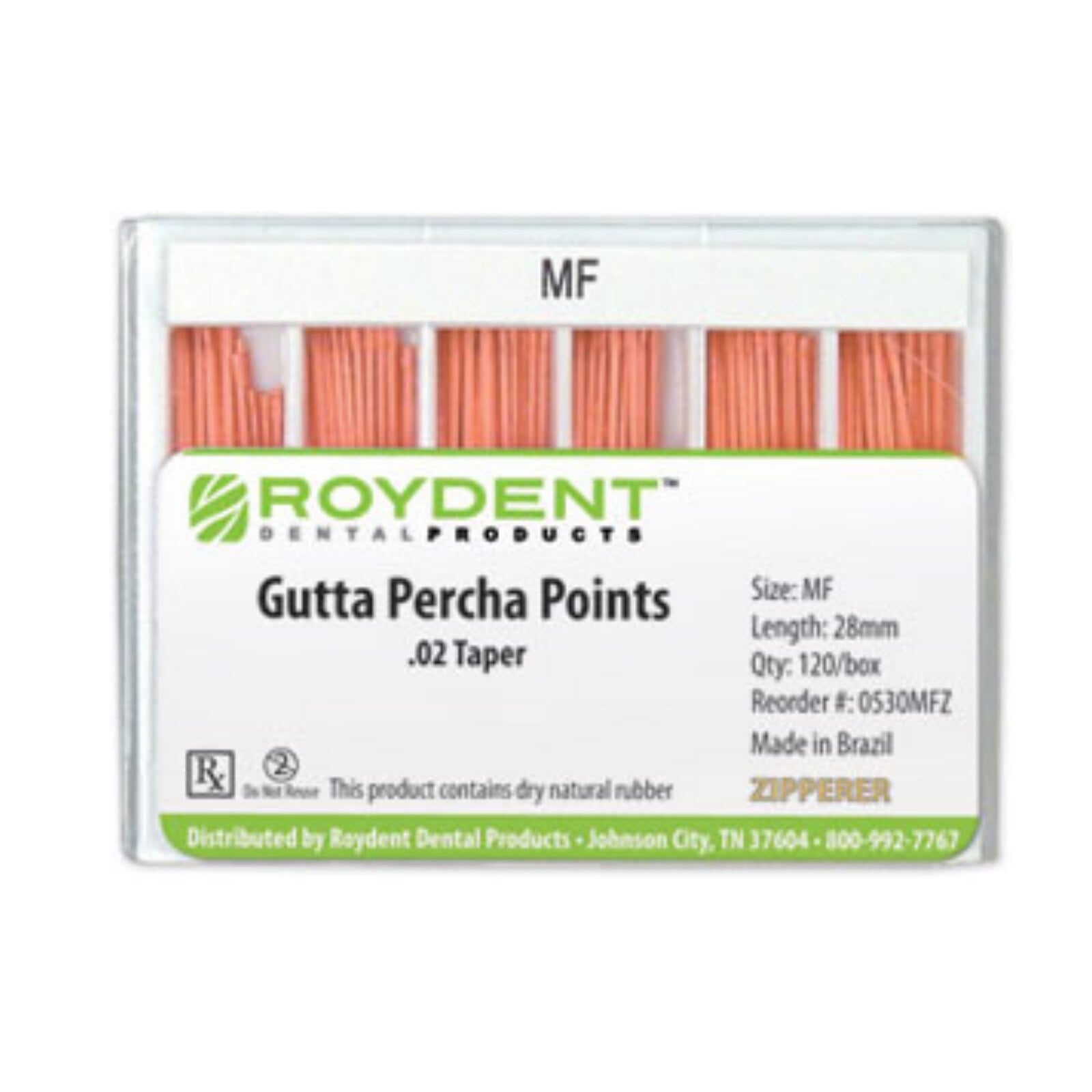 Roydent Gutta Percha Points, .02 Taper, Size 25, Color-Coded Red, 28mm, 120/Box