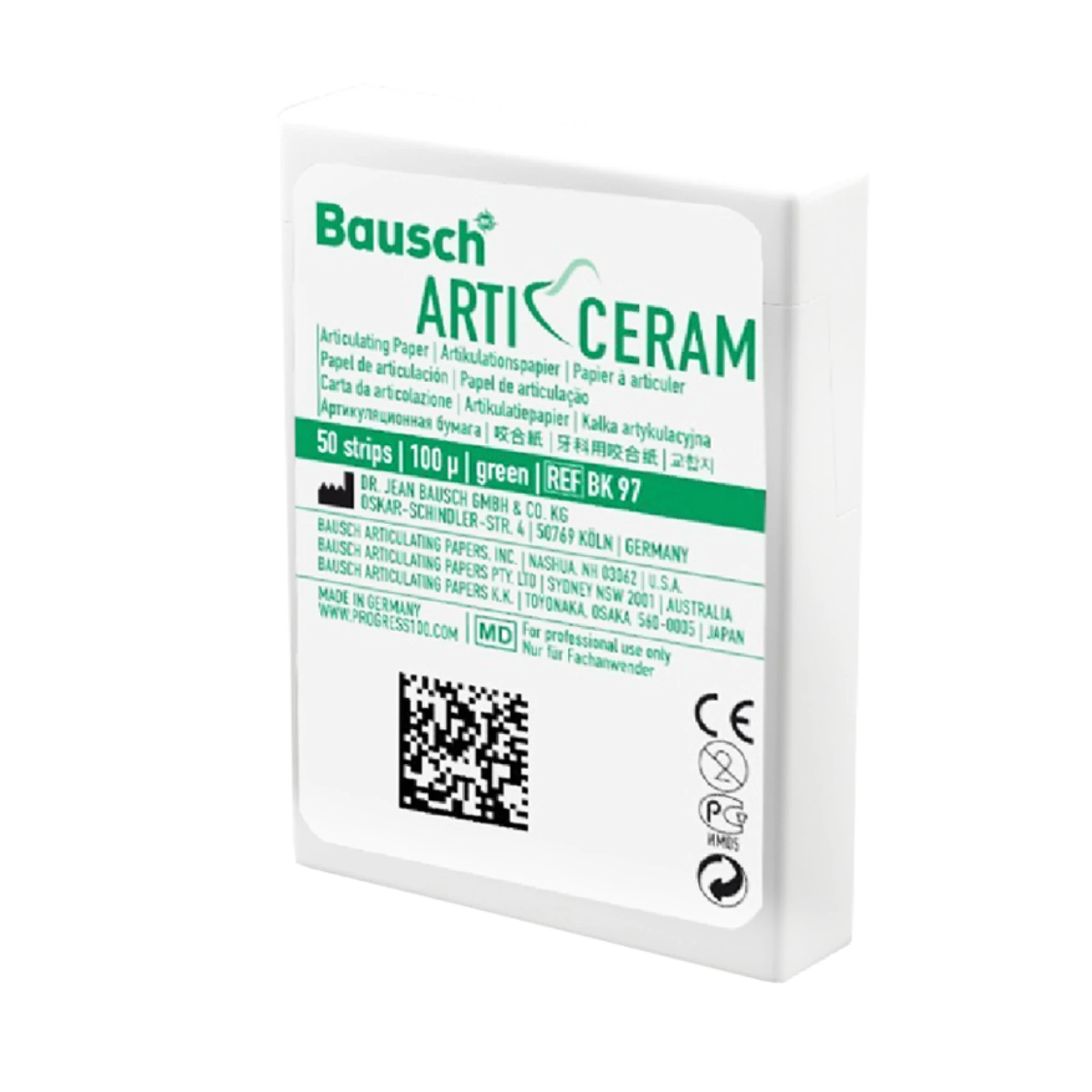 Bausch Arti-Ceram Articulating Paper, 100 Microns, Green, 50 Strips in Dispenser