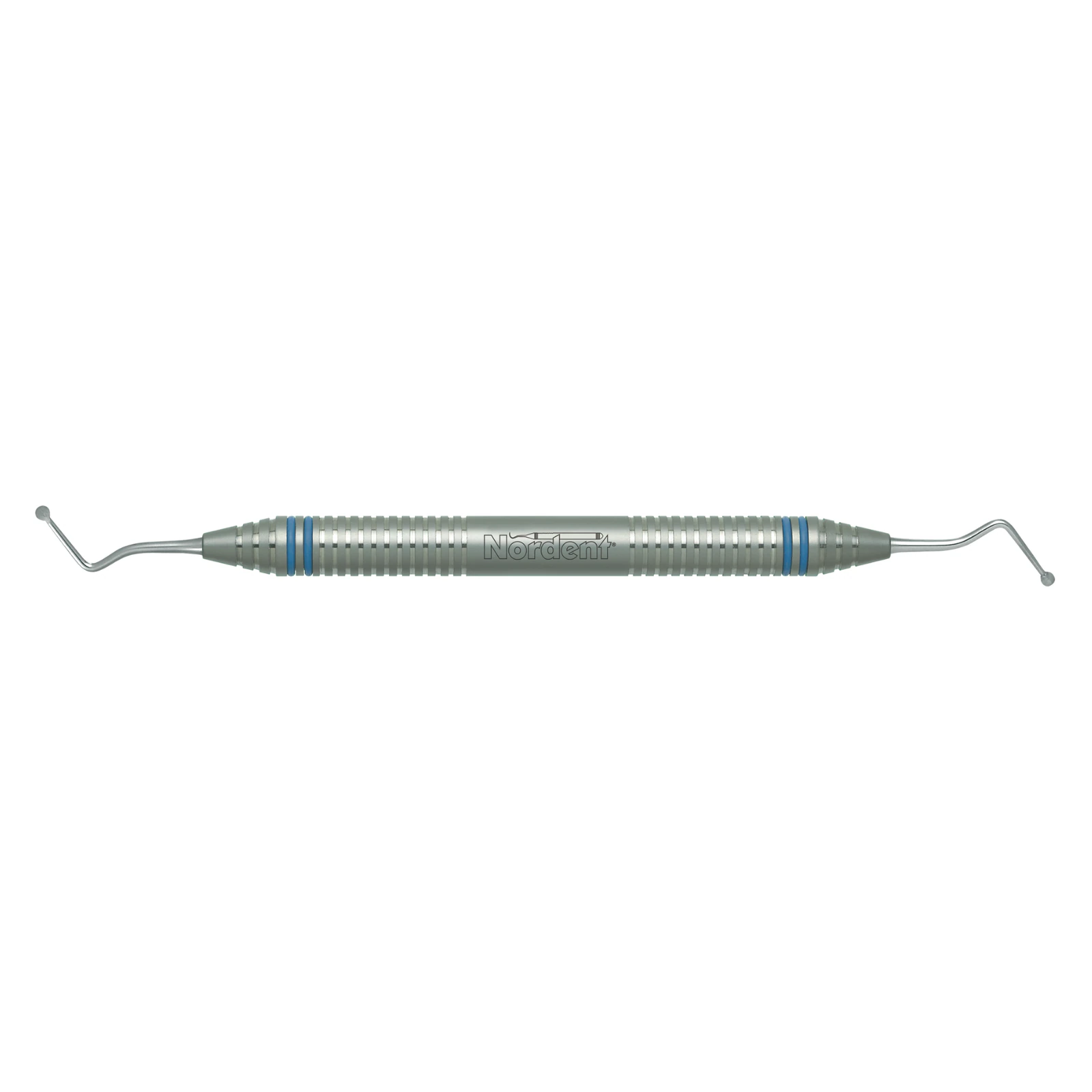 Nordent Excavator #14 (Size #20), Long Spoon, Double End, 2.4 mm Head Diameter, 10 mm Shank, 53° Angle, DuraLite® ColorRings™ Handle, Stainless Steel