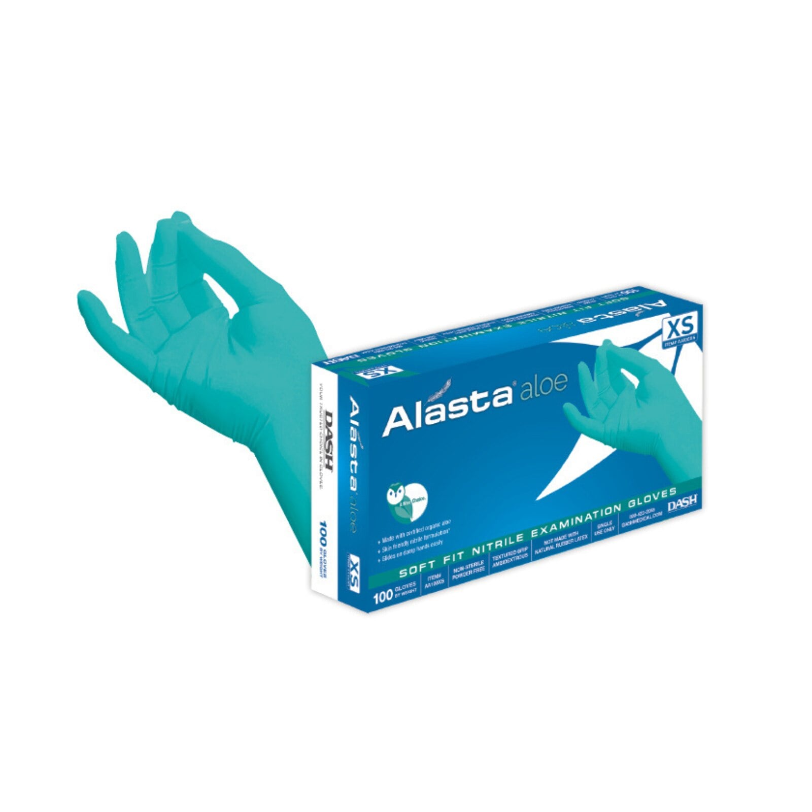 Alasta Aloe Nitrile Examination Gloves, Powder-Free, X-Small, 100/Box