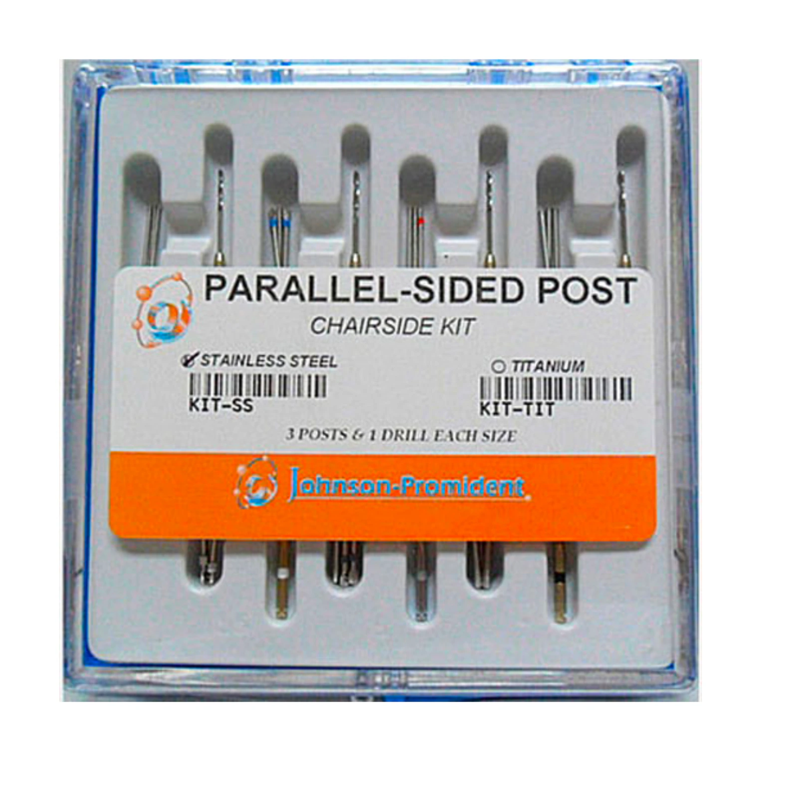 Johnson-Promident Whaledent-Type Parallel-Sided Stainless Steel Chairside Post Kit, 21 Posts (3 each size) & 7 Drills, Color-Coded