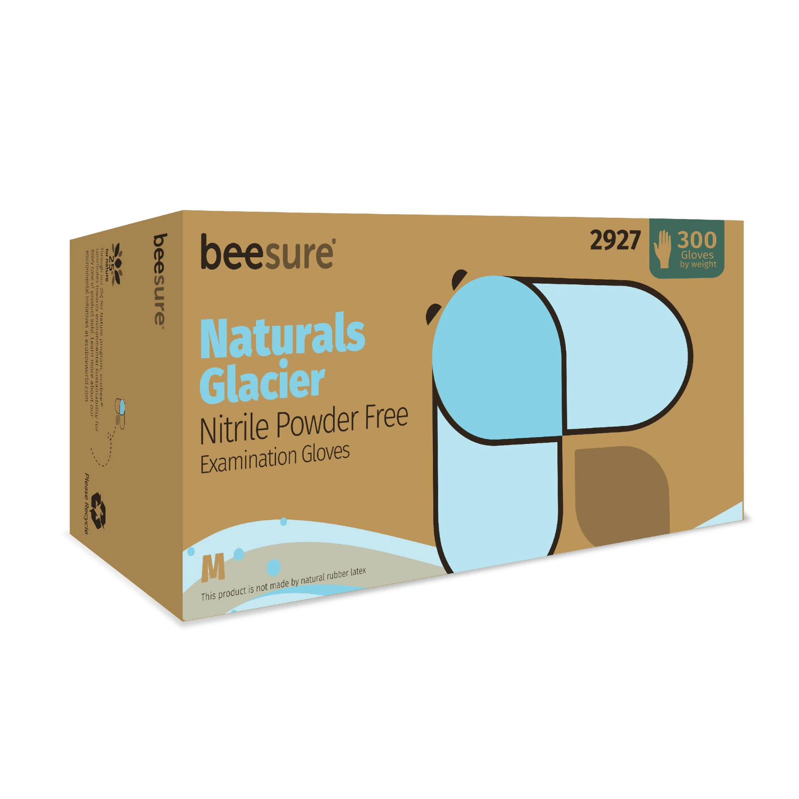 BeeSure Naturals Glacier Powder-Free Nitrile Exam Gloves, Medium, Ice Blue, 300/Box