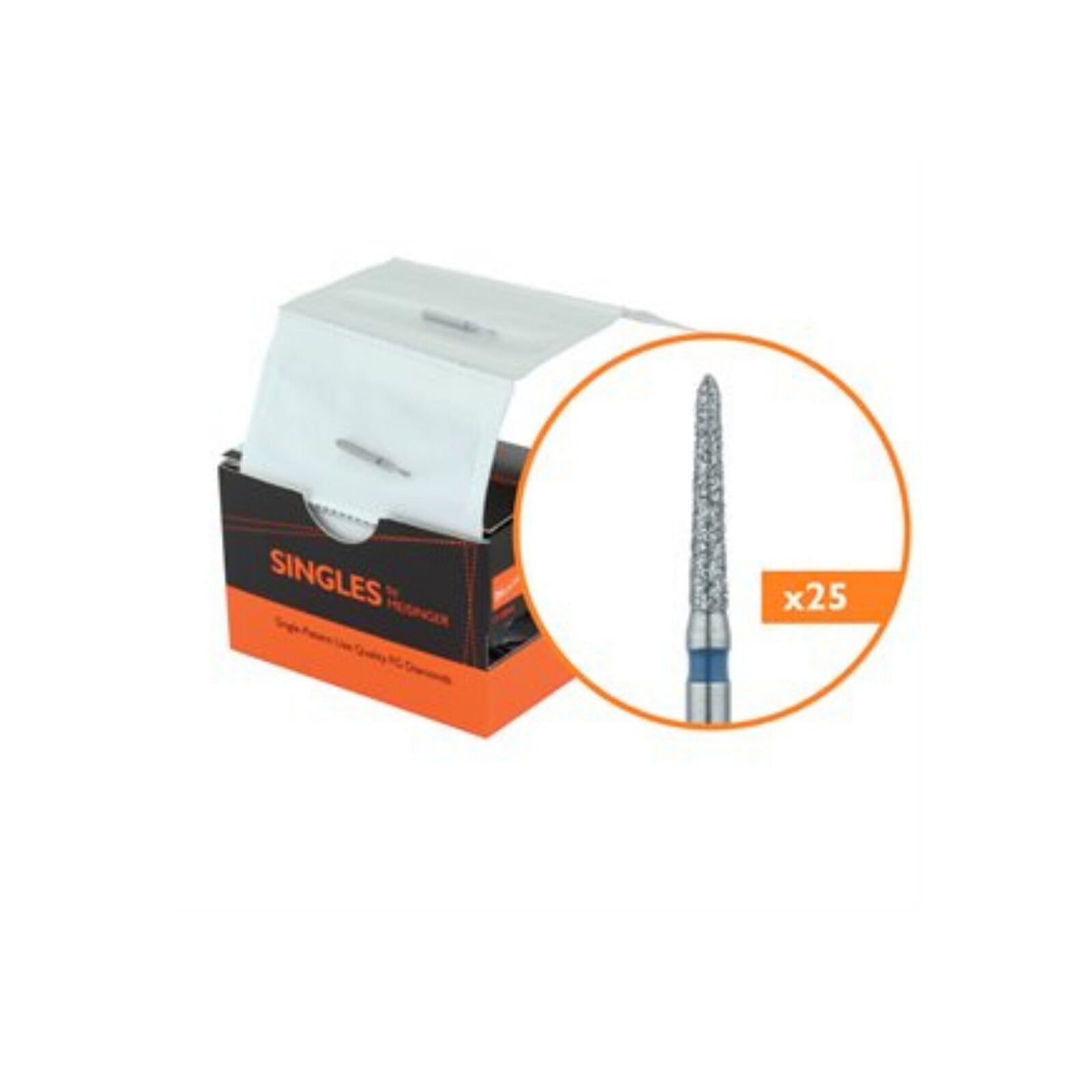 Meisinger FG Single-Use Diamond Bur, Pointed Taper, Medium Grit, 1.4mm Diameter, 8.0mm Length, Blue Ring, #1714.8M, 25/Bx