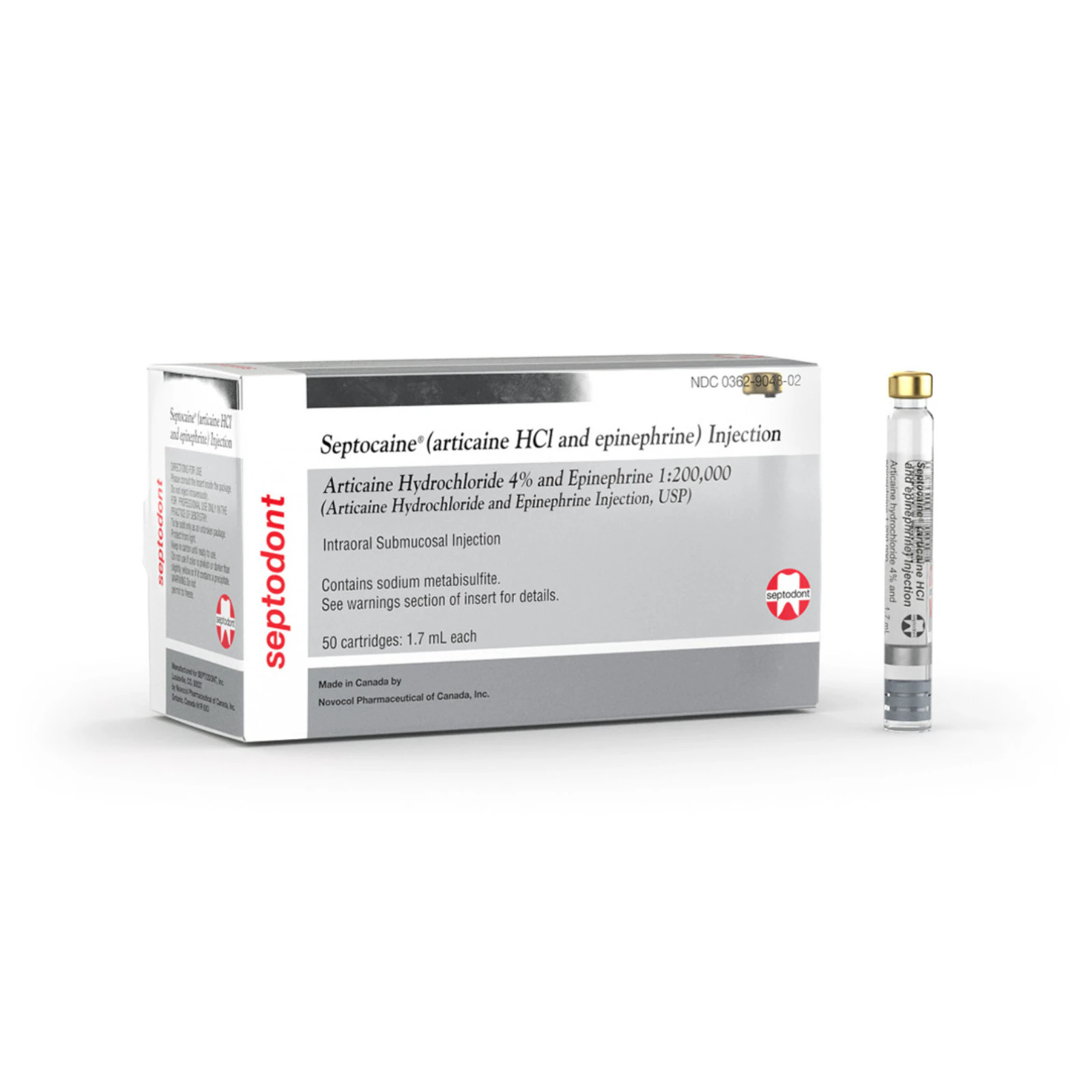 Septocaine (Articaine HCl 4% with Epinephrine 1:200,000) Dental Anesthetic Cartridges, 1.7 mL, 50/Box