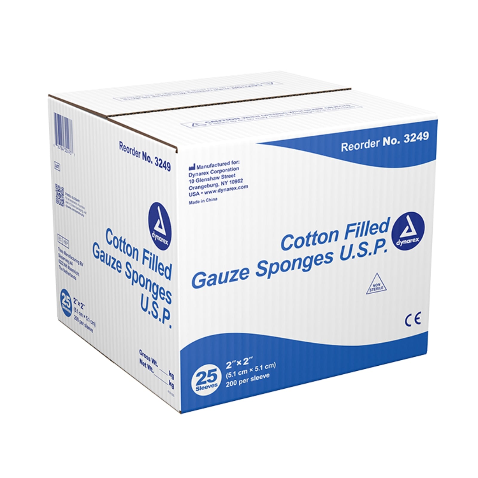 Dynarex Cotton Filled Gauze Sponge, 2" x 2", Non-Sterile, Case of 5000 (25 sleeves of 200)
