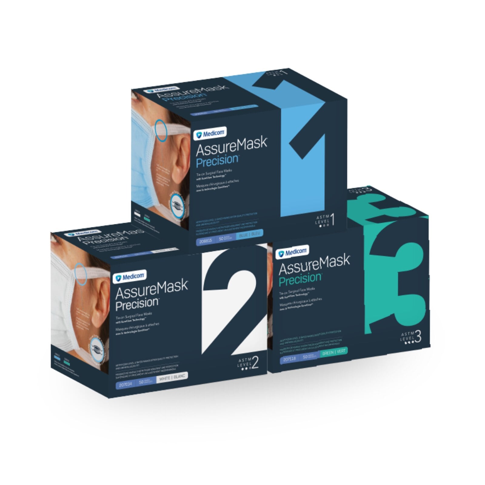 Medicom AssureMask Precision Tie-On Surgical Mask, Level 3, White, 50/Pk