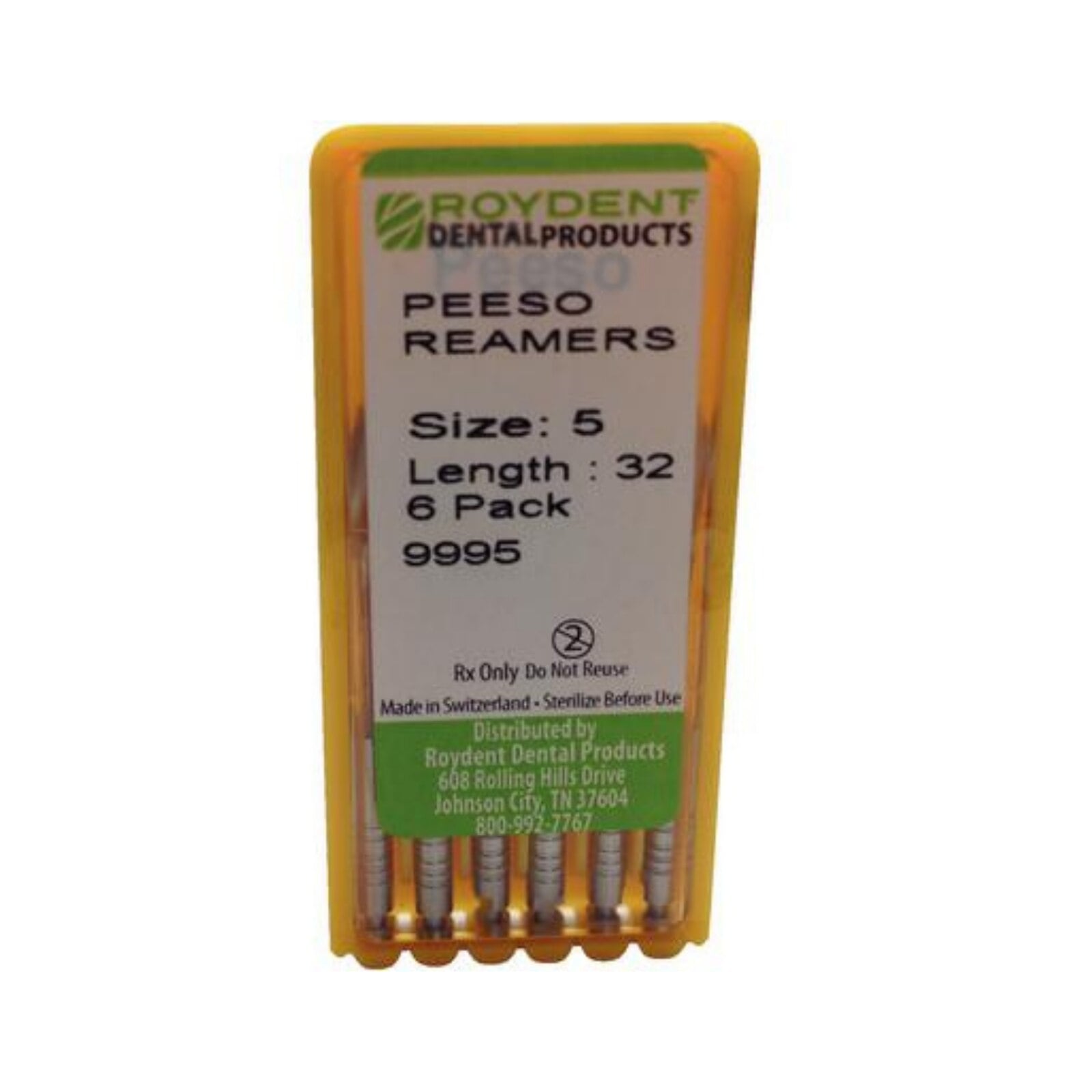 Roydent Dental Peeso Reamer, Size #5, 32mm, Stainless Steel, 6/Pk