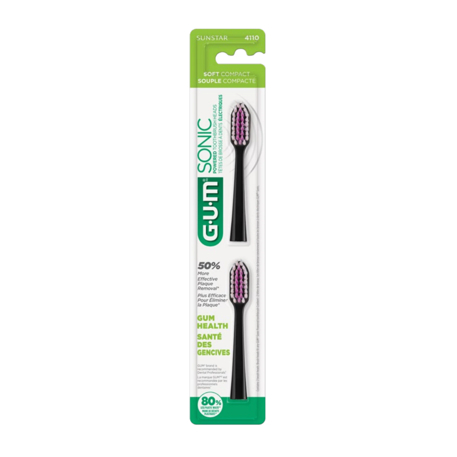 GUM Sonic Power Toothbrush Replacement Heads, Black, Soft Bristles, 2 Heads per Pack, 12 Packs per Case, 4110URB