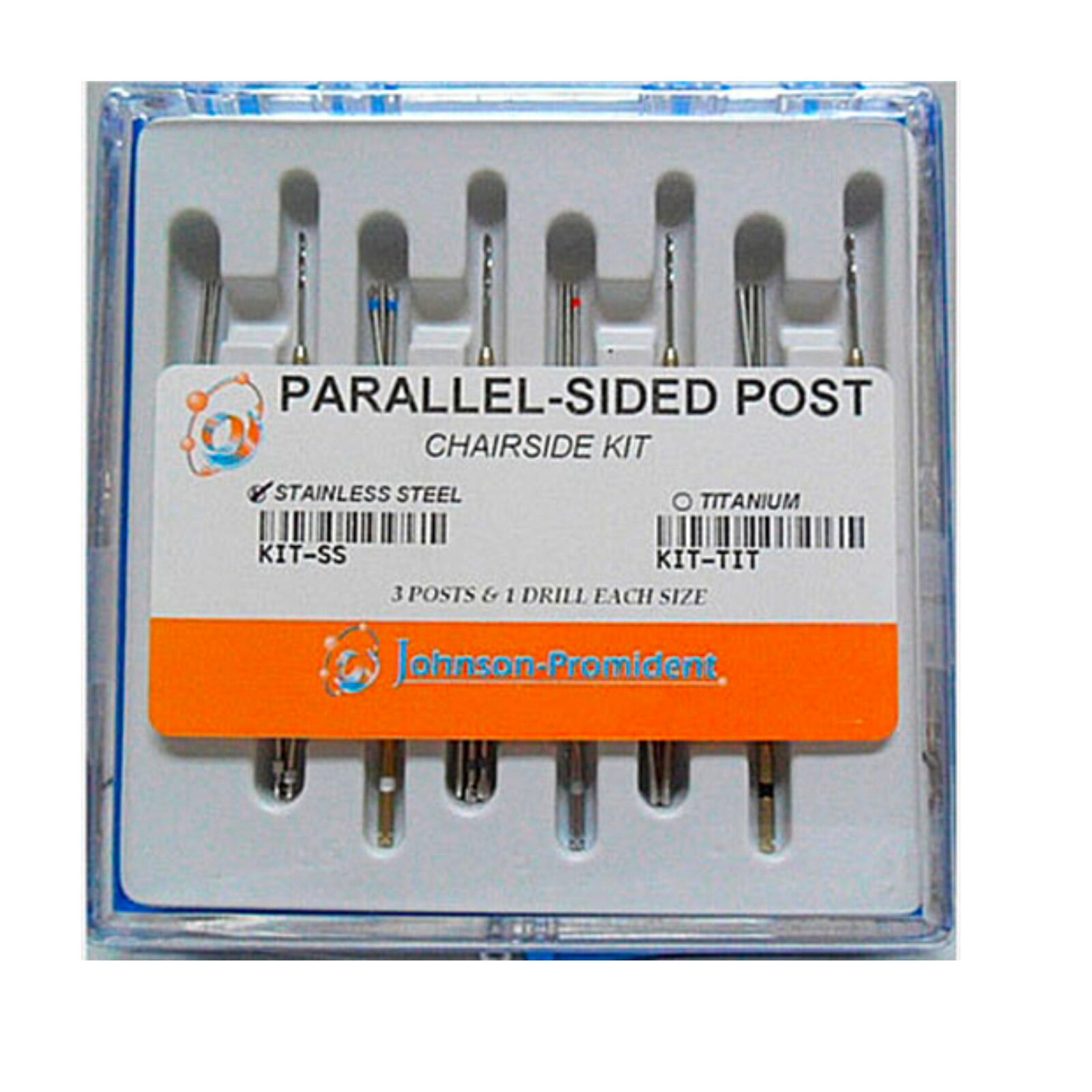 Johnson-Promident Whaledent-Type Parallel-Sided Titanium Chairside Post Kit, 21 Posts and 7 Drills, Color-Coded