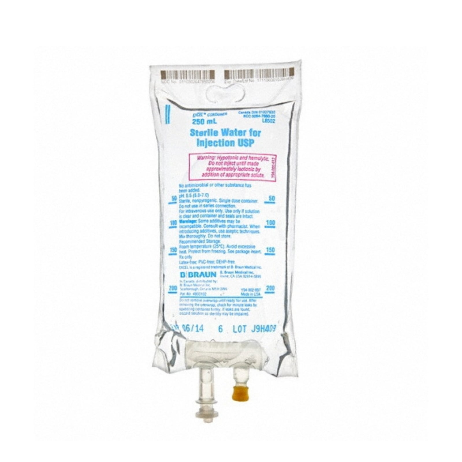 B. Braun Sterile Water for Injection, 250 mL Excel Plastic Bag, PVC-Free and DEHP-Free